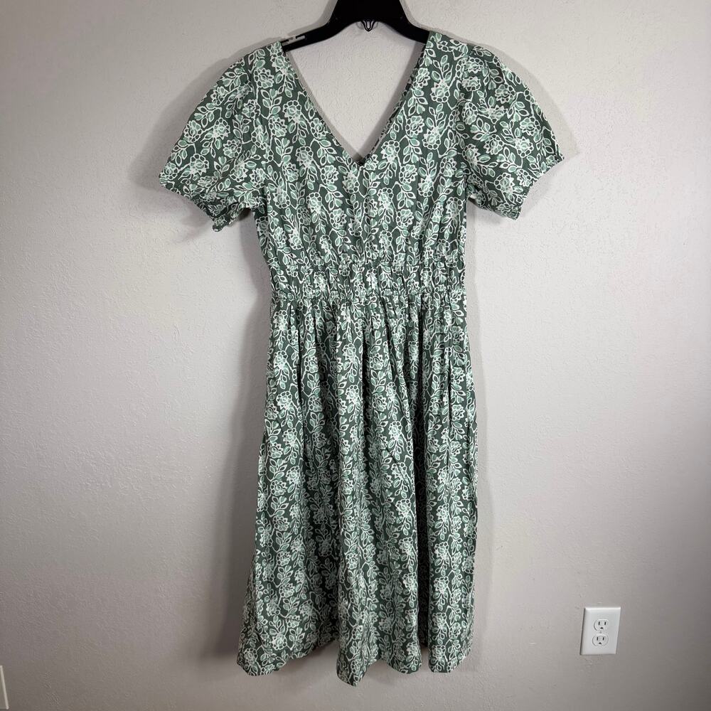 J.Crew Factory Green White Floral V-Neck Smocked Waist Poplin Midi Dress Women 6